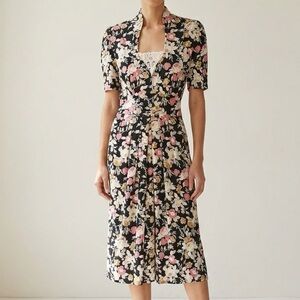 Vintage 80s Karin Stevens Black Floral Midi Dress 12P